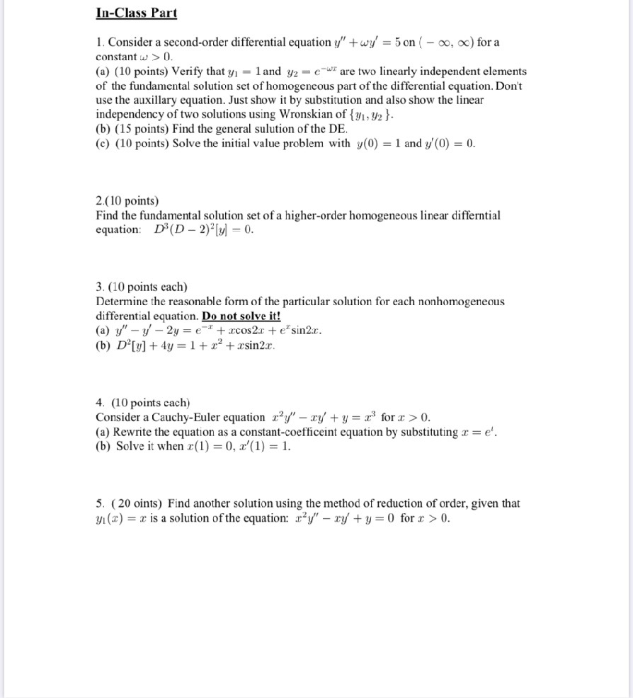 Solved In-Class Part 1. Consider a second-order differential | Chegg.com