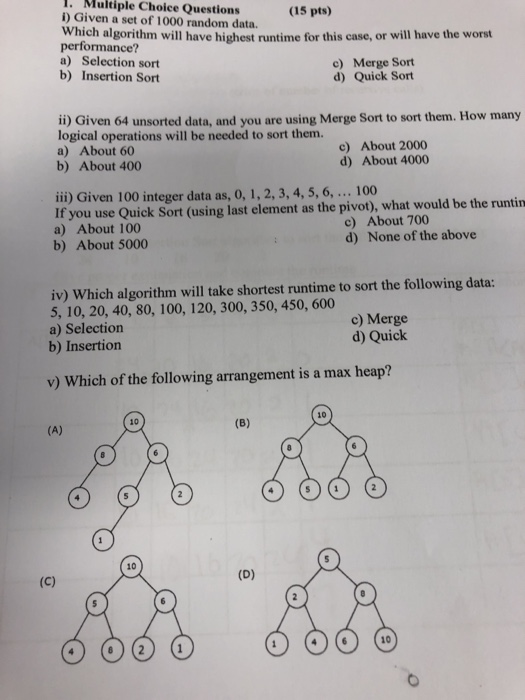 Solved 1. Multiple Choice Questions (15 pts) i) Given a set | Chegg.com