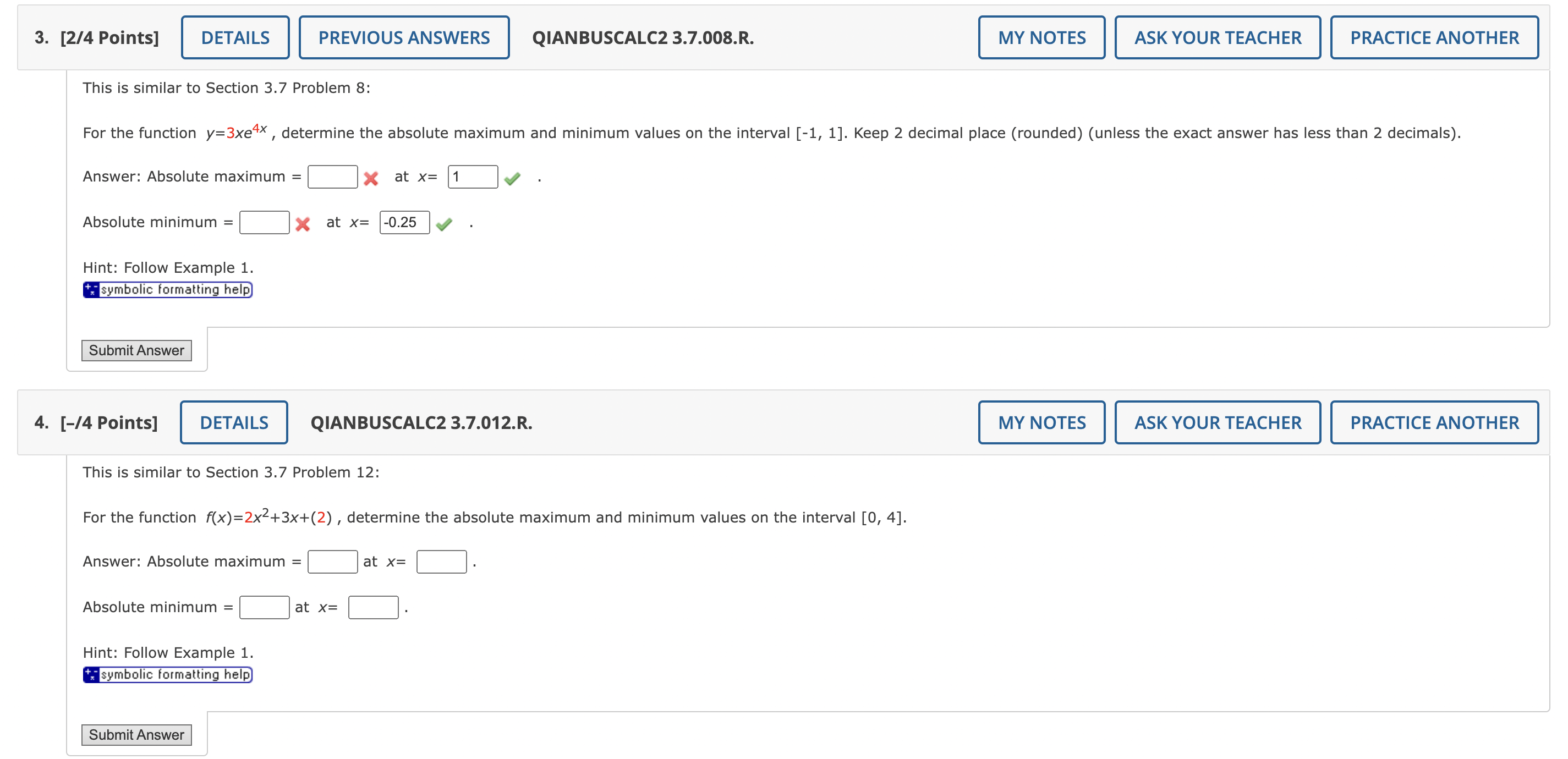 Solved Answer: Absolute maximum = Absolute minimum = Hint: | Chegg.com