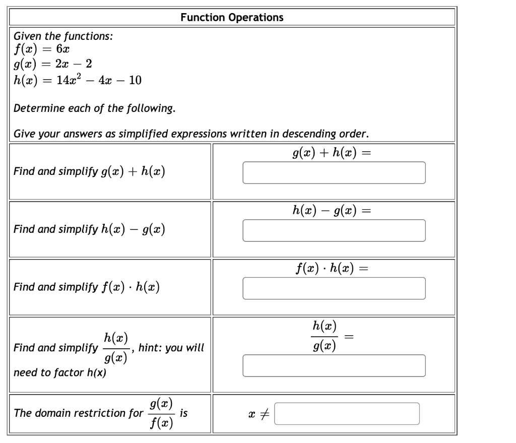 Solved Function Operations Given the functions: f(x) = 6x | Chegg.com