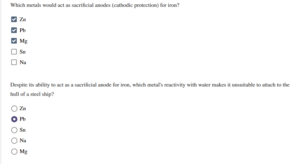 Solved Which metals would act as sacrificial anodes