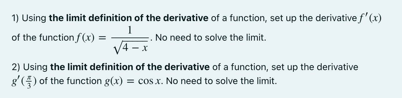 Solved 1) Using the limit definition of the derivative of a | Chegg.com