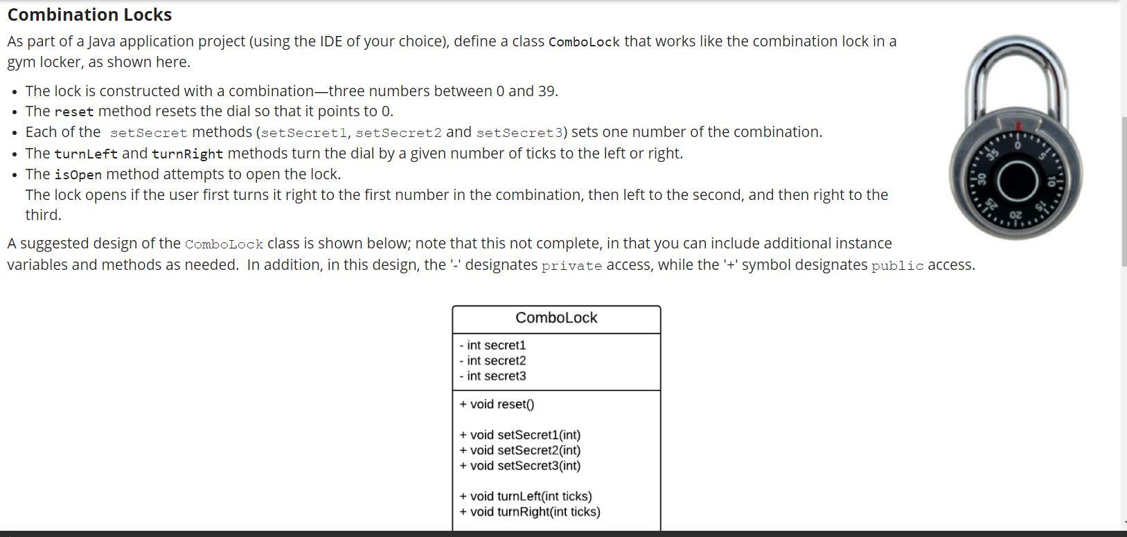 Combination Locks As part of a Java application