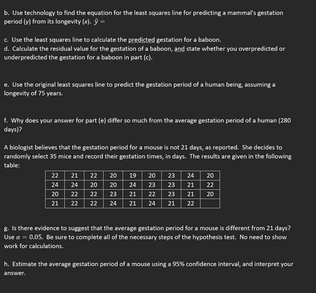 Solved The table lists the average gestation period (in | Chegg.com