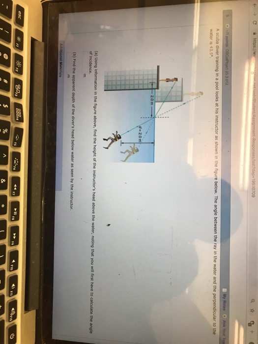 Pool Diving Math Problem Solved A scuba diver training in a pool looks at his in 2.0 | Chegg.com