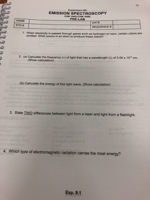 Solved 73 Experiment 9 EMISSION SPECTROSCOPY CHM 1045UCHM