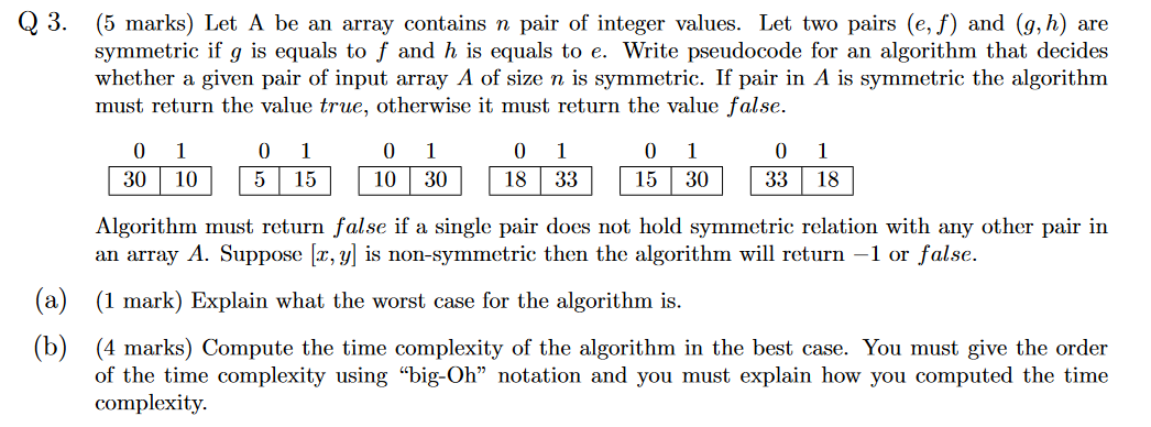 Solved Q3. (5 marks) Let A be an array contains n pair of | Chegg.com