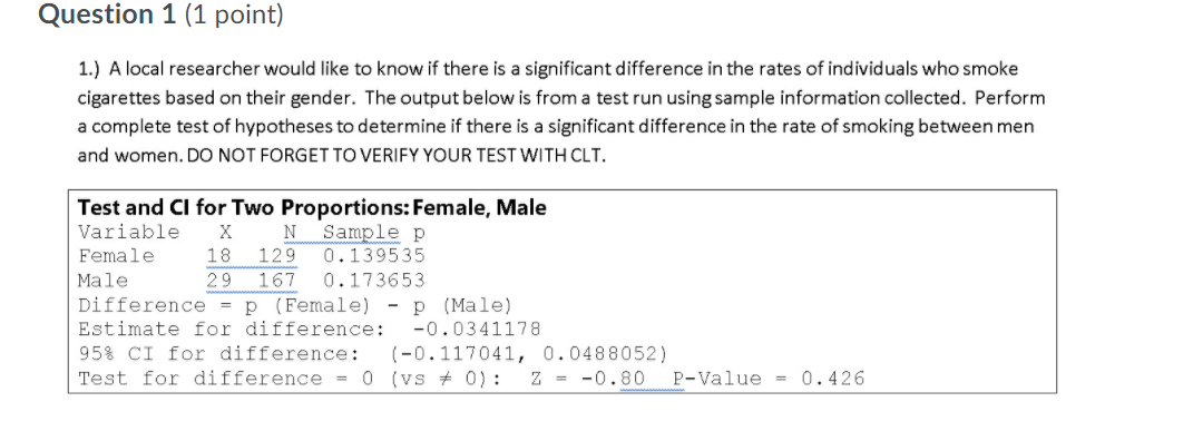 Solved QUESTION: A local researcher would like to know if | Chegg.com