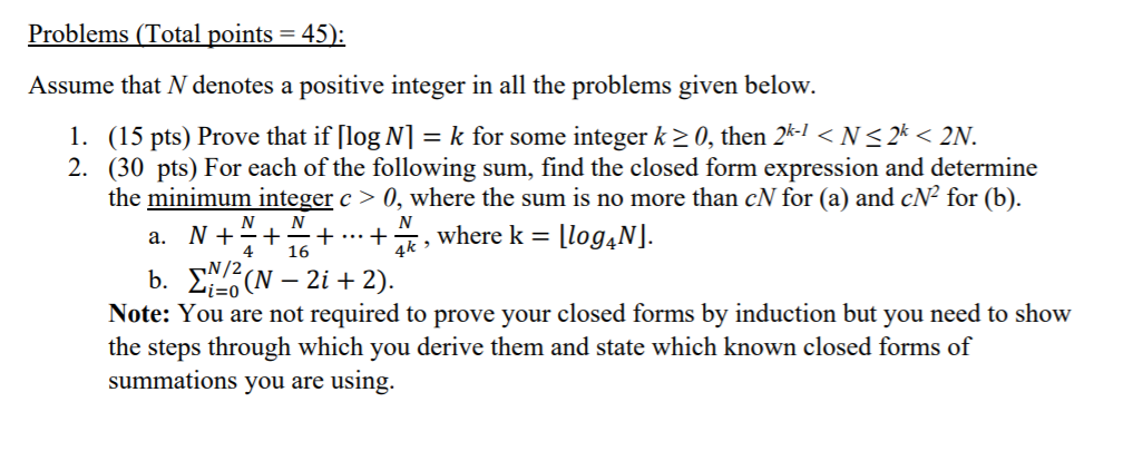 Solved Problems (Total points = 45): Assume that N denotes a | Chegg.com