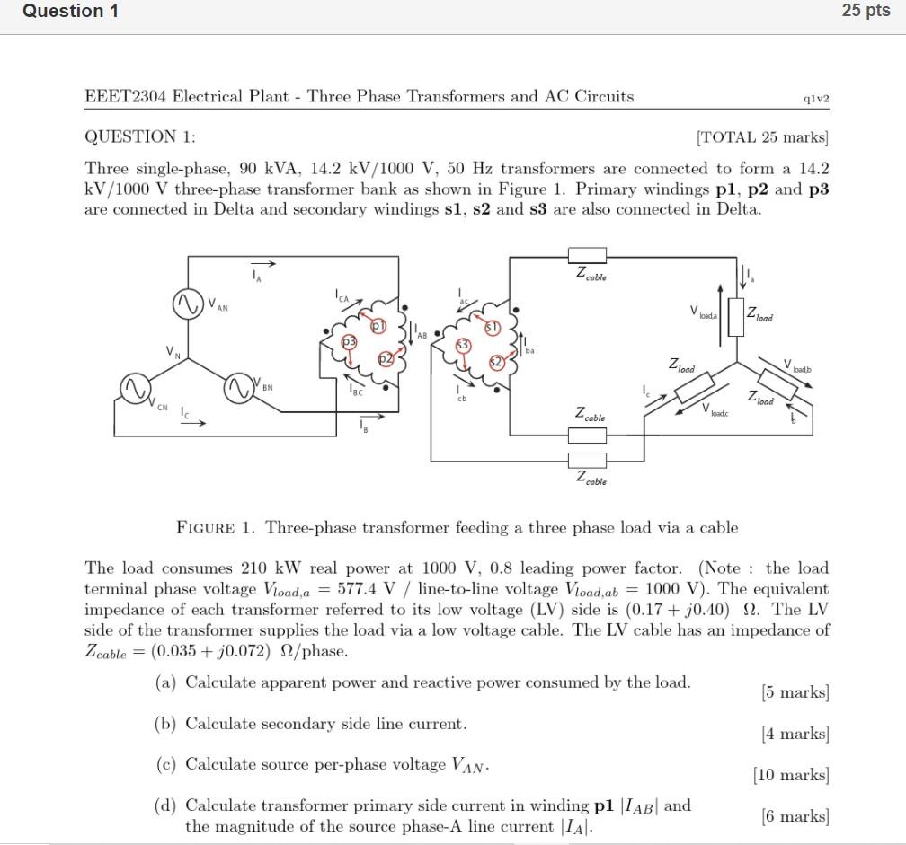 Solved Question 1 25 Pts EEET2304 Electrical Plant - Three | Chegg.com