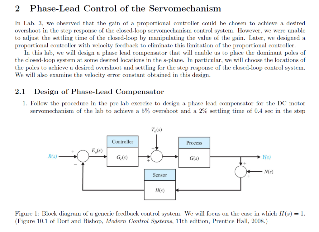 Solved 2 PhaseLead Control of the Servomechanism In Lab.