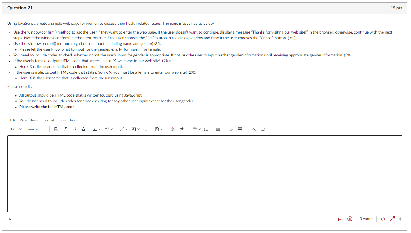 Solved Question 21 15 pts Using JavaScript, create a simple | Chegg.com