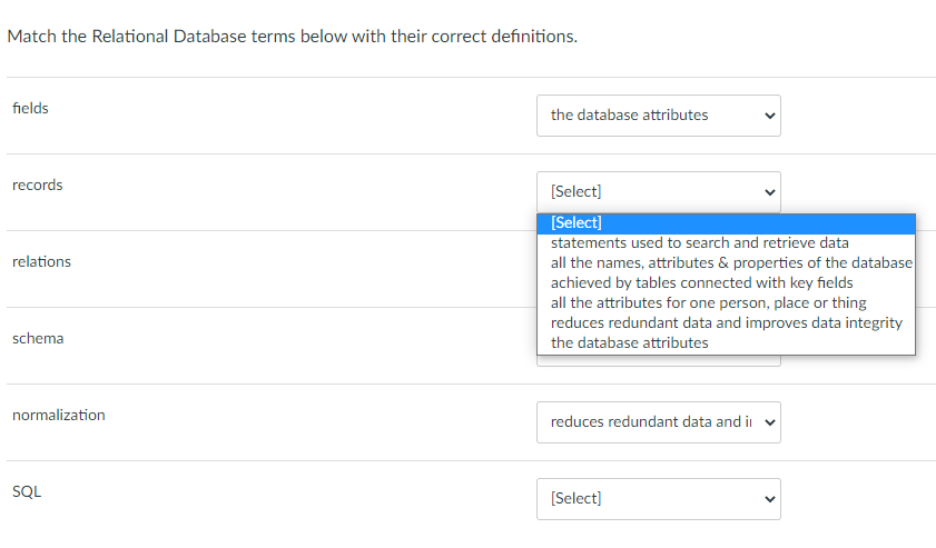 Solved Match the Relational Database terms below with their