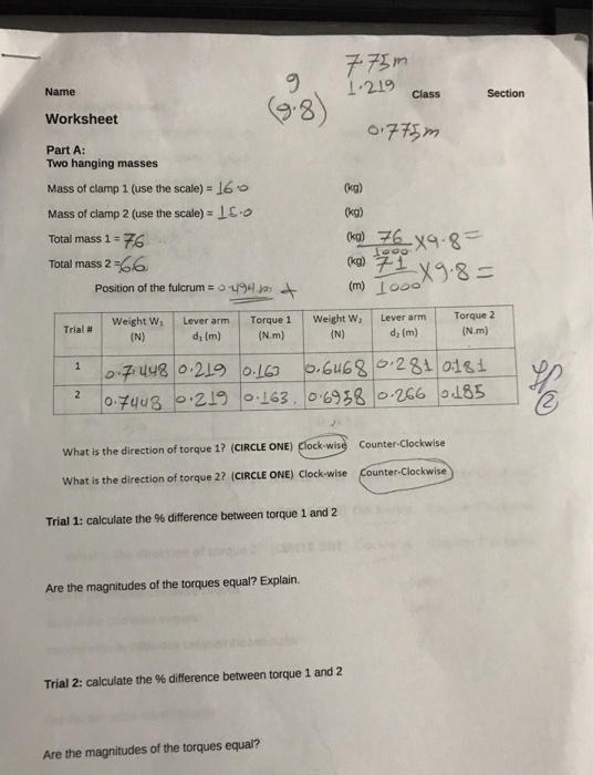 Solved Name Worksheet Part A: 91.219class Secion 9-8) Two | Chegg.com