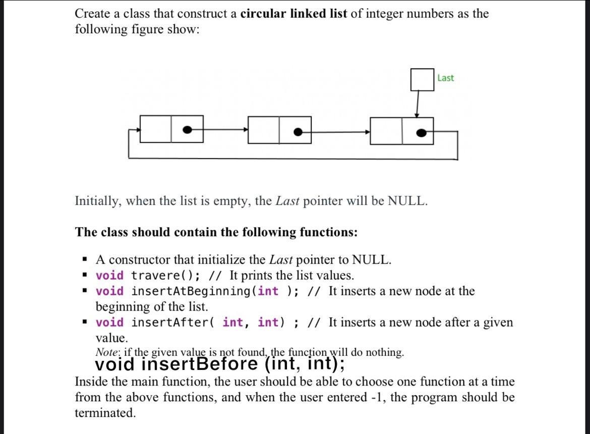Solved Create a class that construct a circular linked list | Chegg.com