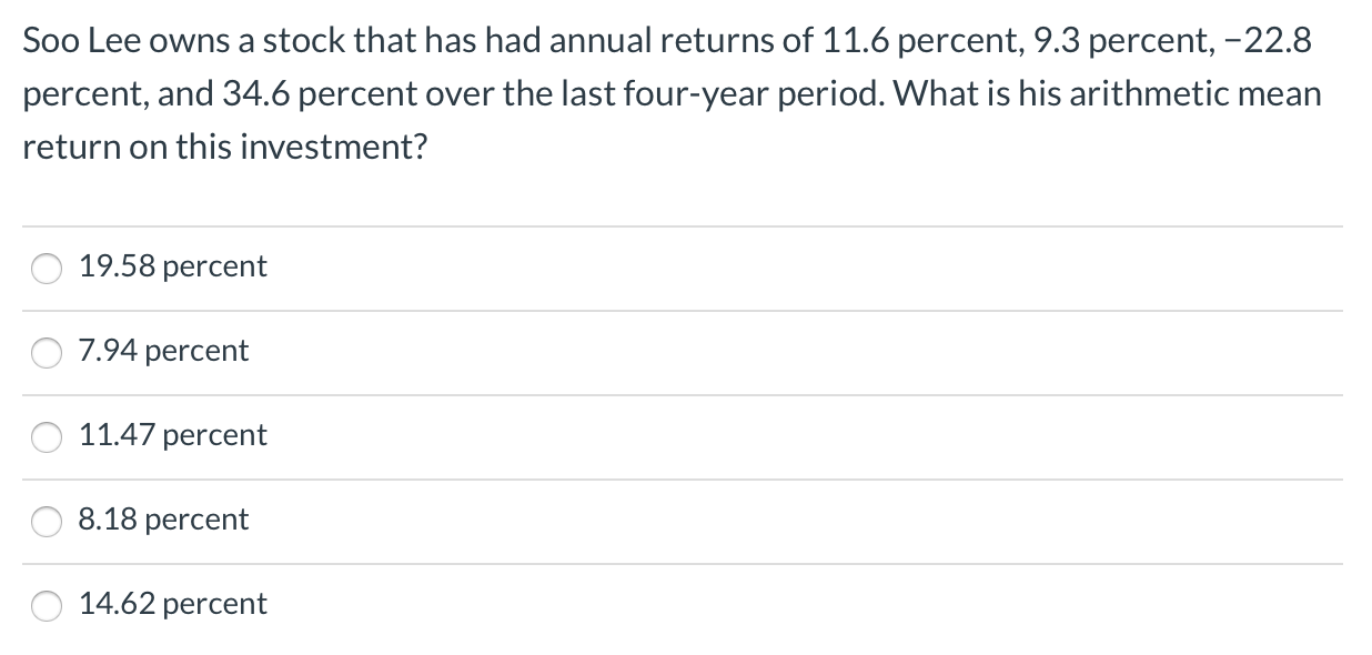 Solved Soo Lee owns a stock that has had annual returns of | Chegg.com