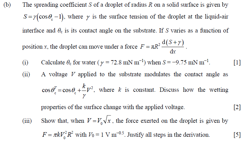 Solved (b) The spreading coefficient S of a droplet of | Chegg.com