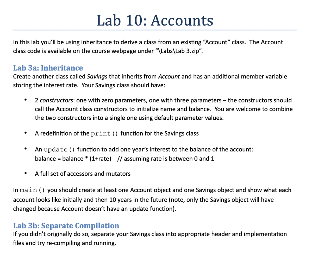 Solved Lab 10: Accounts In this lab you'll be using | Chegg.com