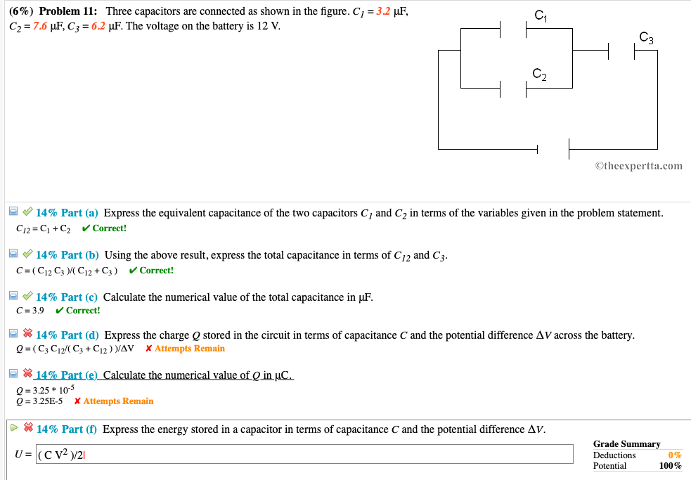 Solved (6%) Problem 11: Three Capacitors Are Connected As | Chegg.com