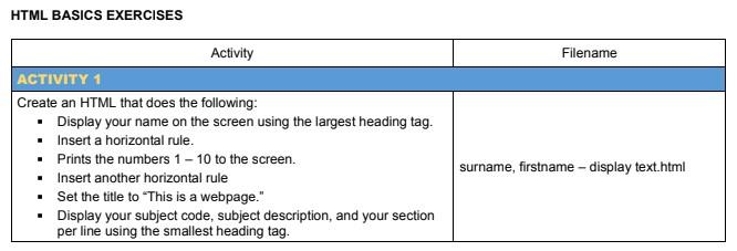 Solved HTML BASICS EXERCISES Filename Activity ACTIVITY 1 | Chegg.com