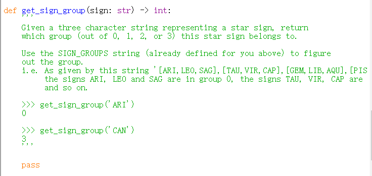Solved def get_sign_group (sign: str) -> int: Given a three | Chegg.com