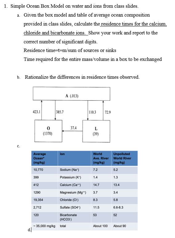 1. Simple Ocean Box Model on water and ions from | Chegg.com