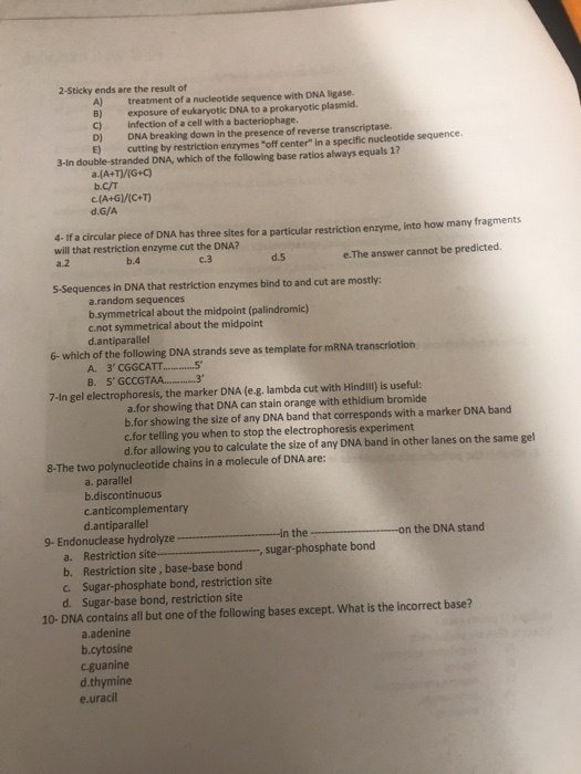 Solved 2-Sticky Ends Are The Result Of A) Treatment Of A | Chegg.com