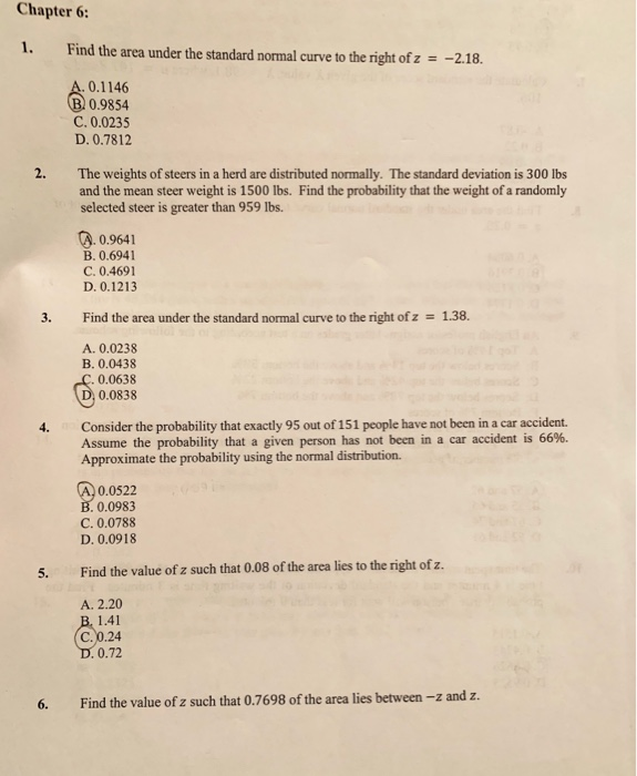 Solved Chapter 6: 1. Find the area under the standard normal | Chegg.com