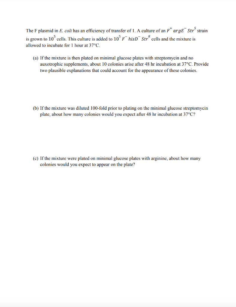 Solved The F plasmid in E. coli has an efficiency of | Chegg.com