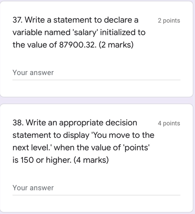 Solved 37. Write a statement to declare a 2 points variable | Chegg.com