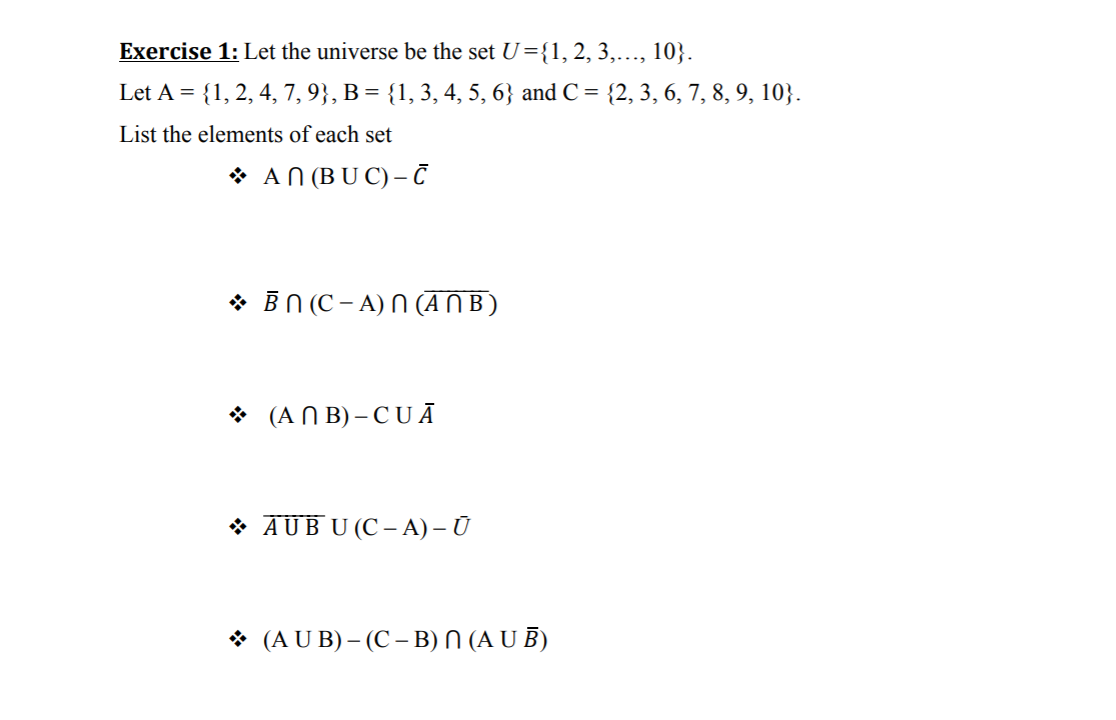 Solved Exercise 1: Let The Universe Be The Set U={1, 2, | Chegg.com