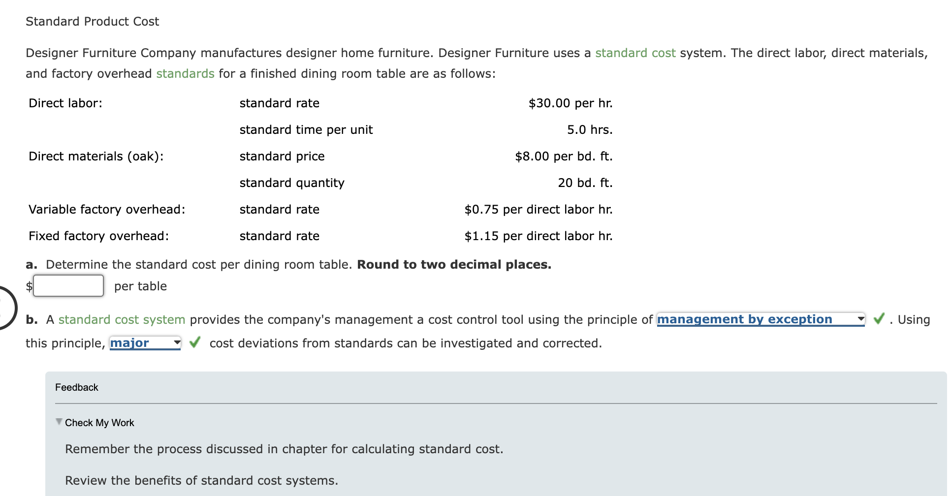 Solved Standard Product Cost Designer Furniture Company