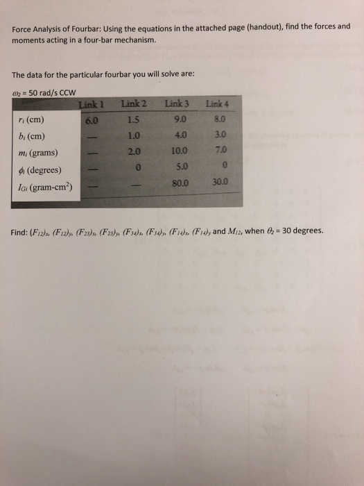 4 Bar Analysis Example Force Analysis of Fourbar: Using the equations in | Chegg.com