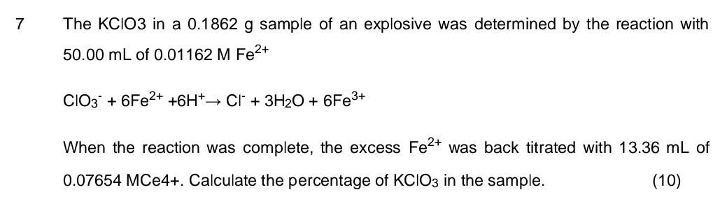 Solved The KClO3 in a 0.1862 g sample of an explosive was | Chegg.com