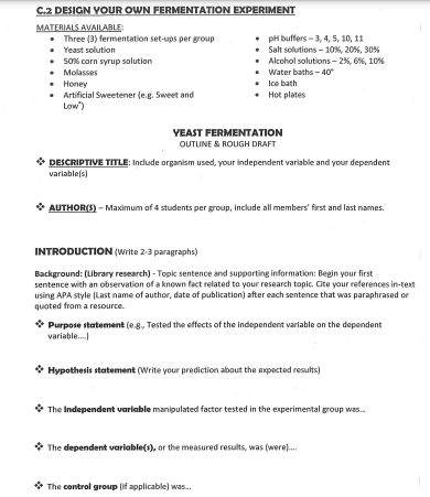 C.2 DESIGN YOUR OWN FERMENTATION EXPERIMENT MATERIALS | Chegg.com