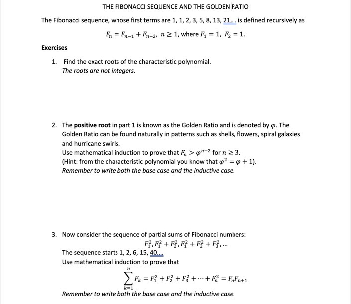 Solved THE FIBONACCI SEQUENCE AND THE GOLDEN RATIO The | Chegg.com