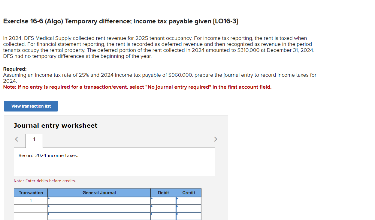 Solved Exercise 166 (Algo) Temporary difference; tax