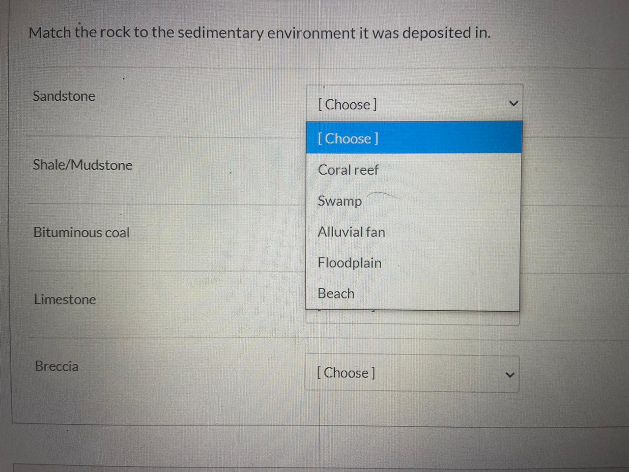 Solved Match the rock to the sedimentary environment it was | Chegg.com
