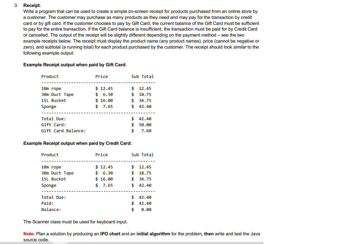 3. Receipt. Write a program that can be used to