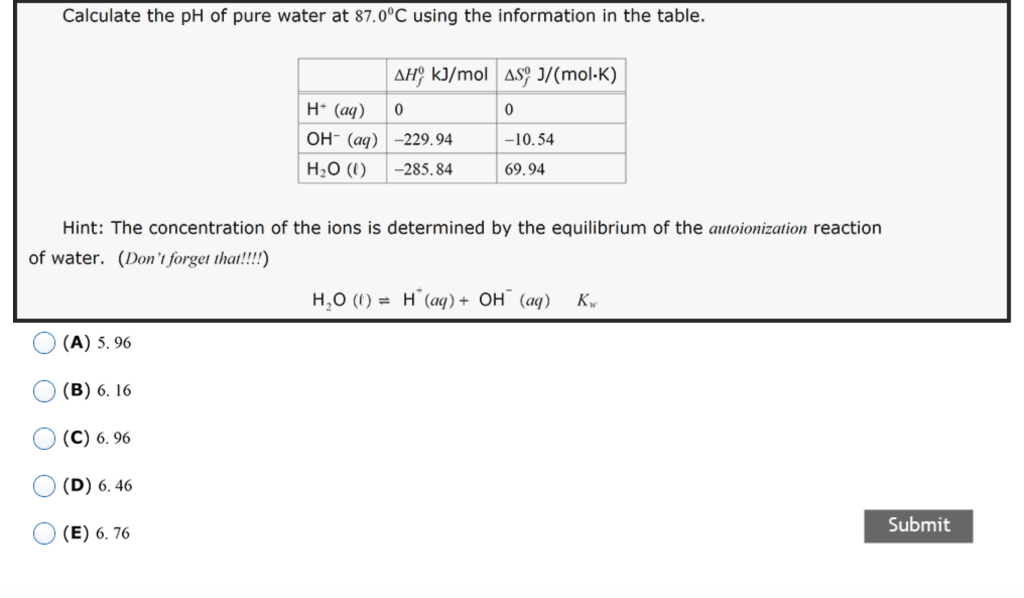 Solved Calculate the pH of pure water at 87.0°C using the