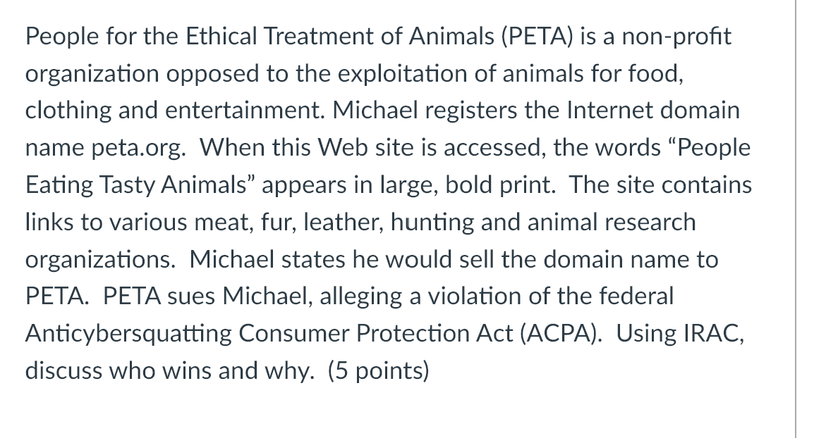 Solved People for the Ethical Treatment of Animals (PETA) is 