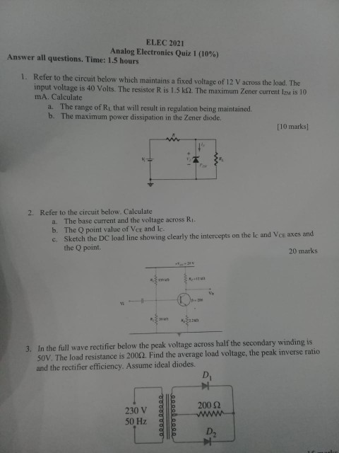 ELEC 2021 Analog Electronics Quiz 1 (10%) Answer all | Chegg.com