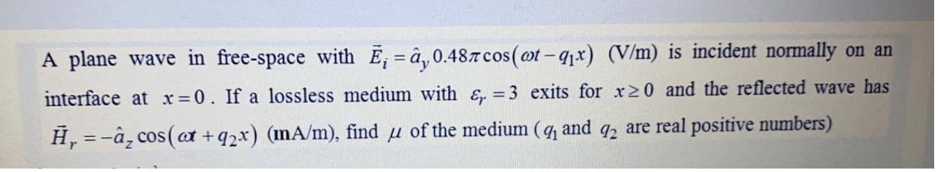 Solved A Plane Wave In Free Space With E A 0 487 Cos O Chegg Com