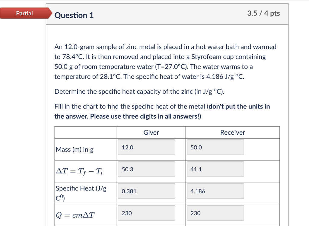 An 12.0-gram sample of zinc metal is placed in a hot water bath and warmed to \( 78.4^{\circ} \mathrm{C} \). It is then remov