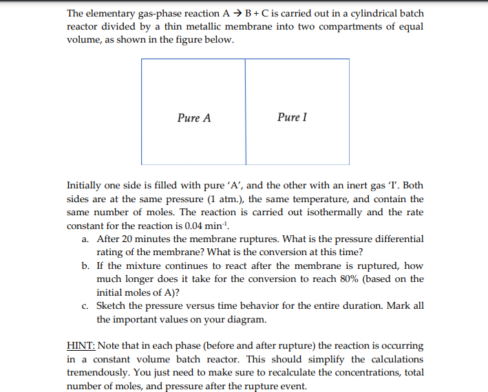 Solved The elementary gas-phase reaction A+B+C is carried | Chegg.com