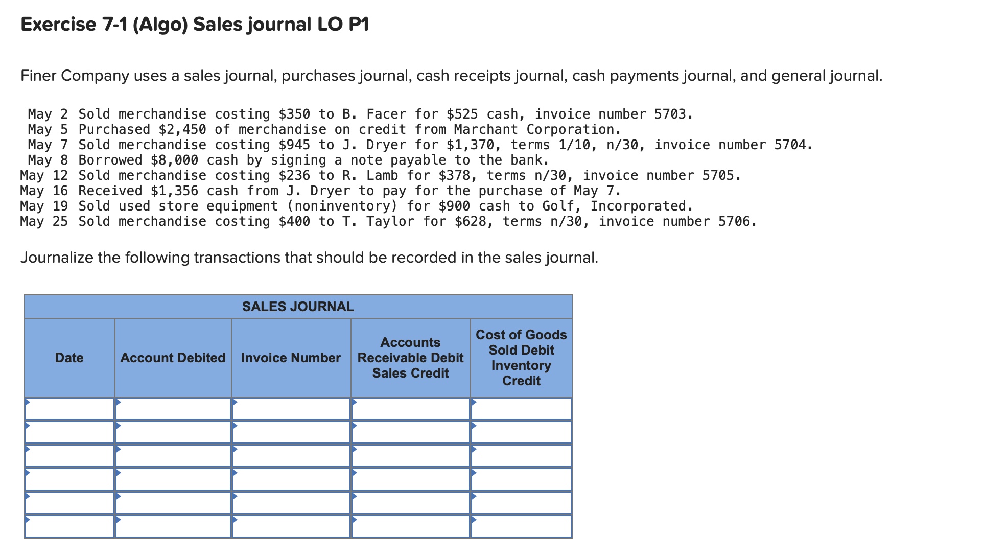 Solved Exercise 7-1 (Algo) Sales journal LO P1 Finer Company | Chegg.com