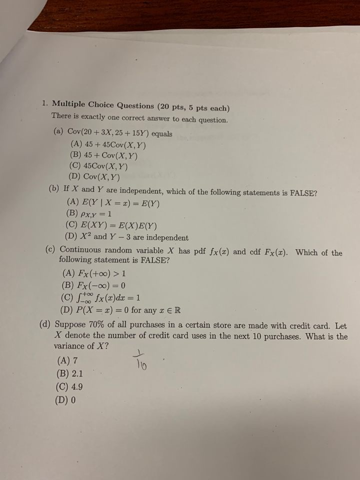Solved 1. Multiple Choice Questions (20 pts, 5 pts each) | Chegg.com
