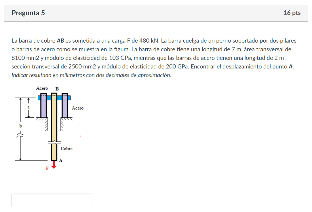 La barra de cobre \( A B \) es sometida a una carga F de \( 480 \mathrm{kN} \). La barra cuelga de un perno soportado por dos