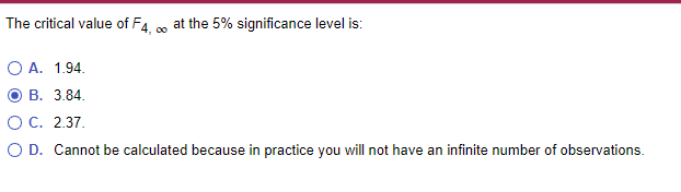 Solved The critical value of F4,∞ at the 5% significance | Chegg.com
