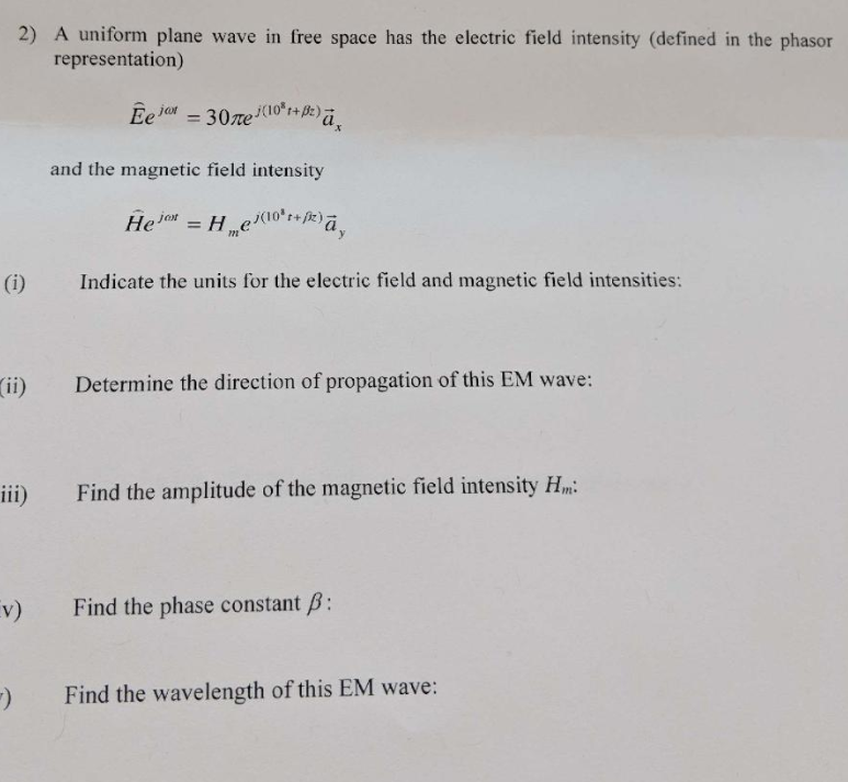 Solved 2) A uniform plane wave in free space has the | Chegg.com
